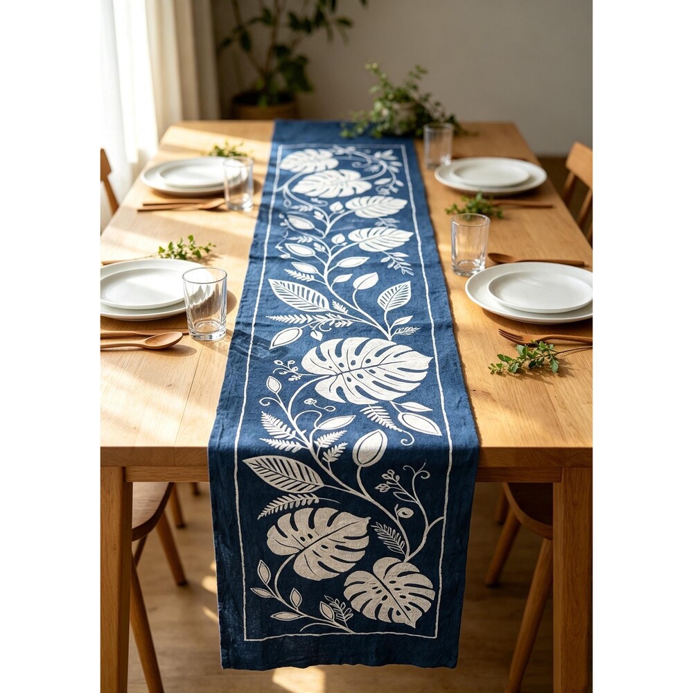 Handmade Indigo Batik Table Runner, Monstera Leaf Botanical Table Decor